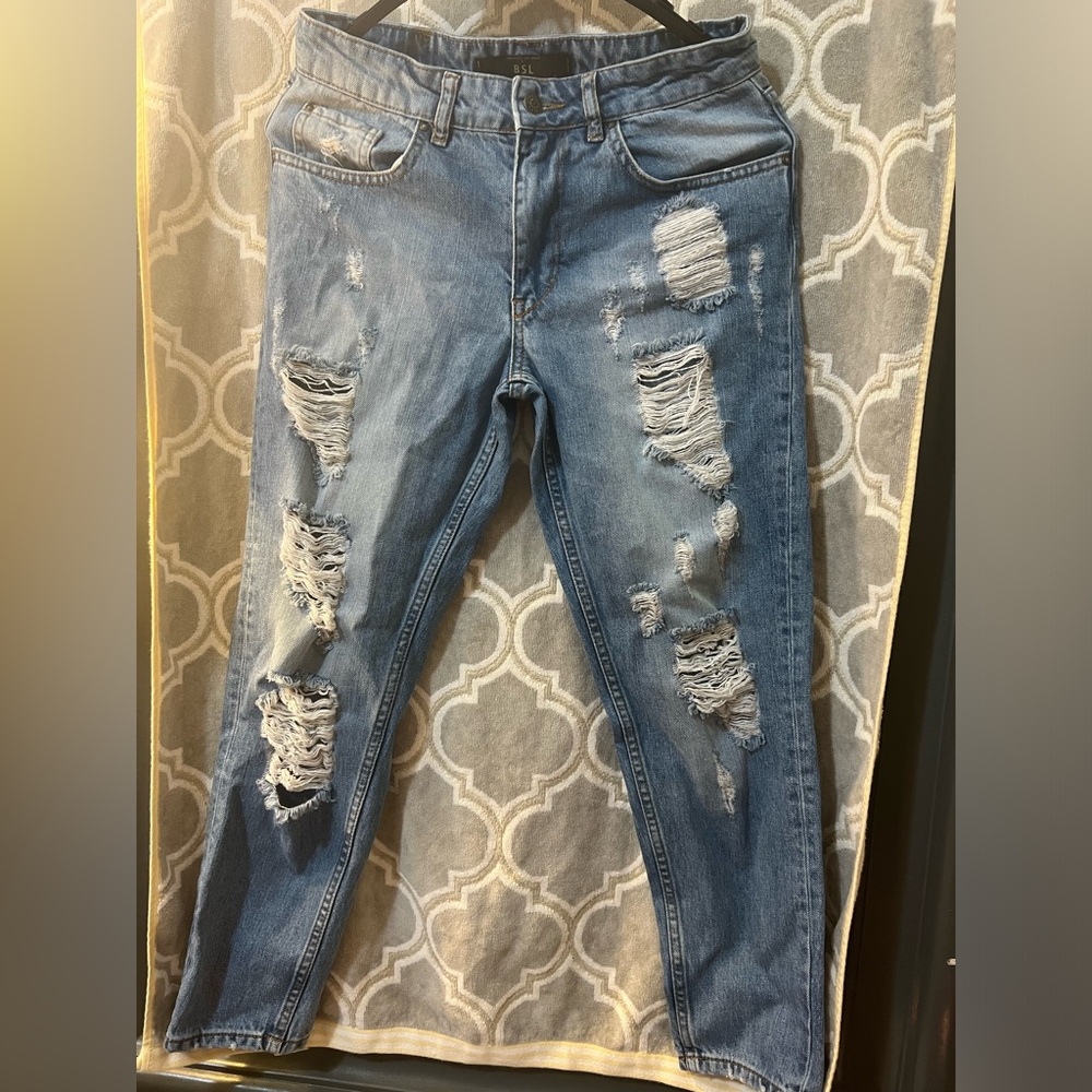 Women's BSL Distressed Ripped Denim Jeans Straight Leg Mid Rise